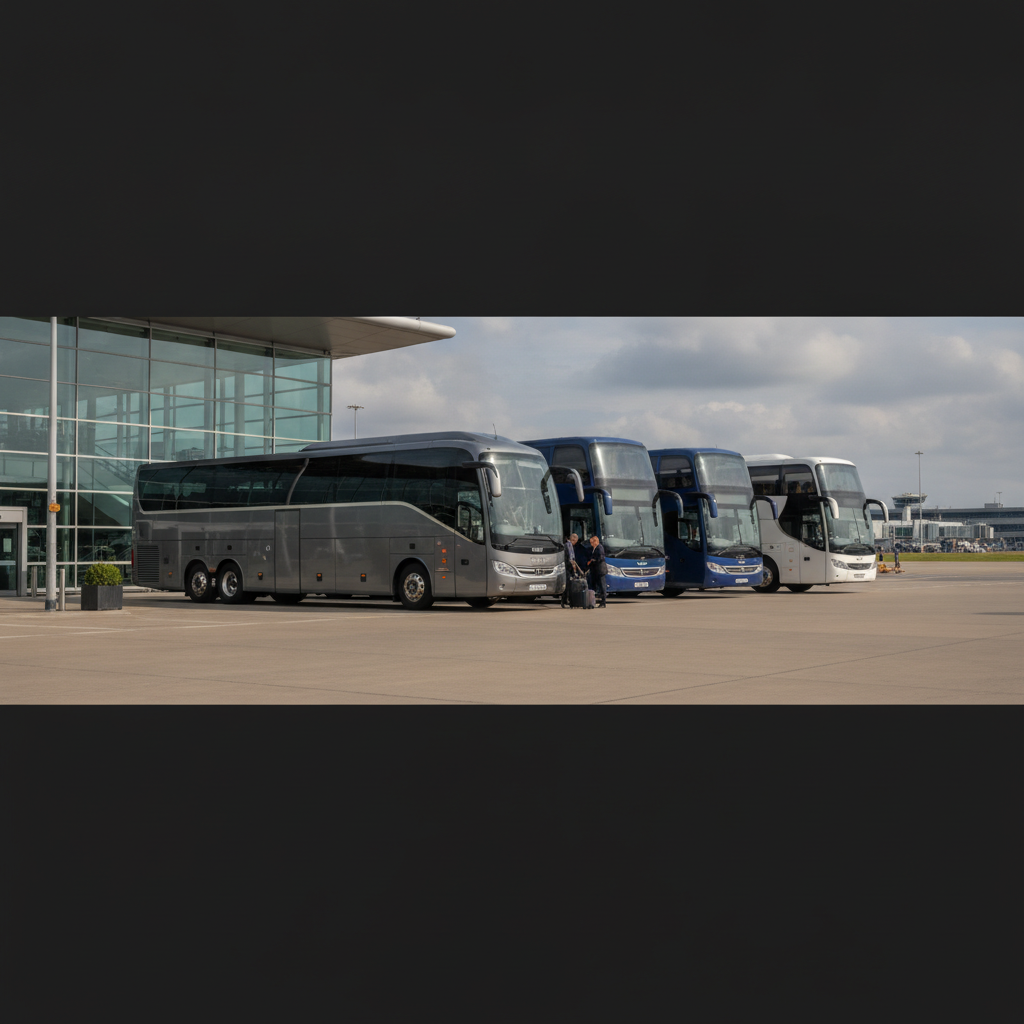 Our coach Fleet for Heathrow Transfers — executive coach meeting a group at Heathrow Airport
