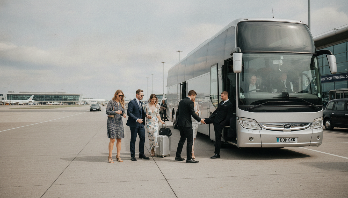 Elegant Arrivals: Wedding Guest Transport from Heathrow to Your Venue — executive coach meeting a group at Heathrow Airport
